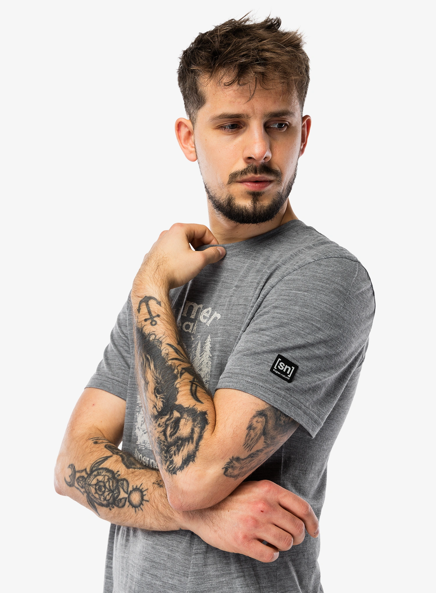 Merino triko Super.natural Summer Break Tee - cashmere grey mel/wht stone