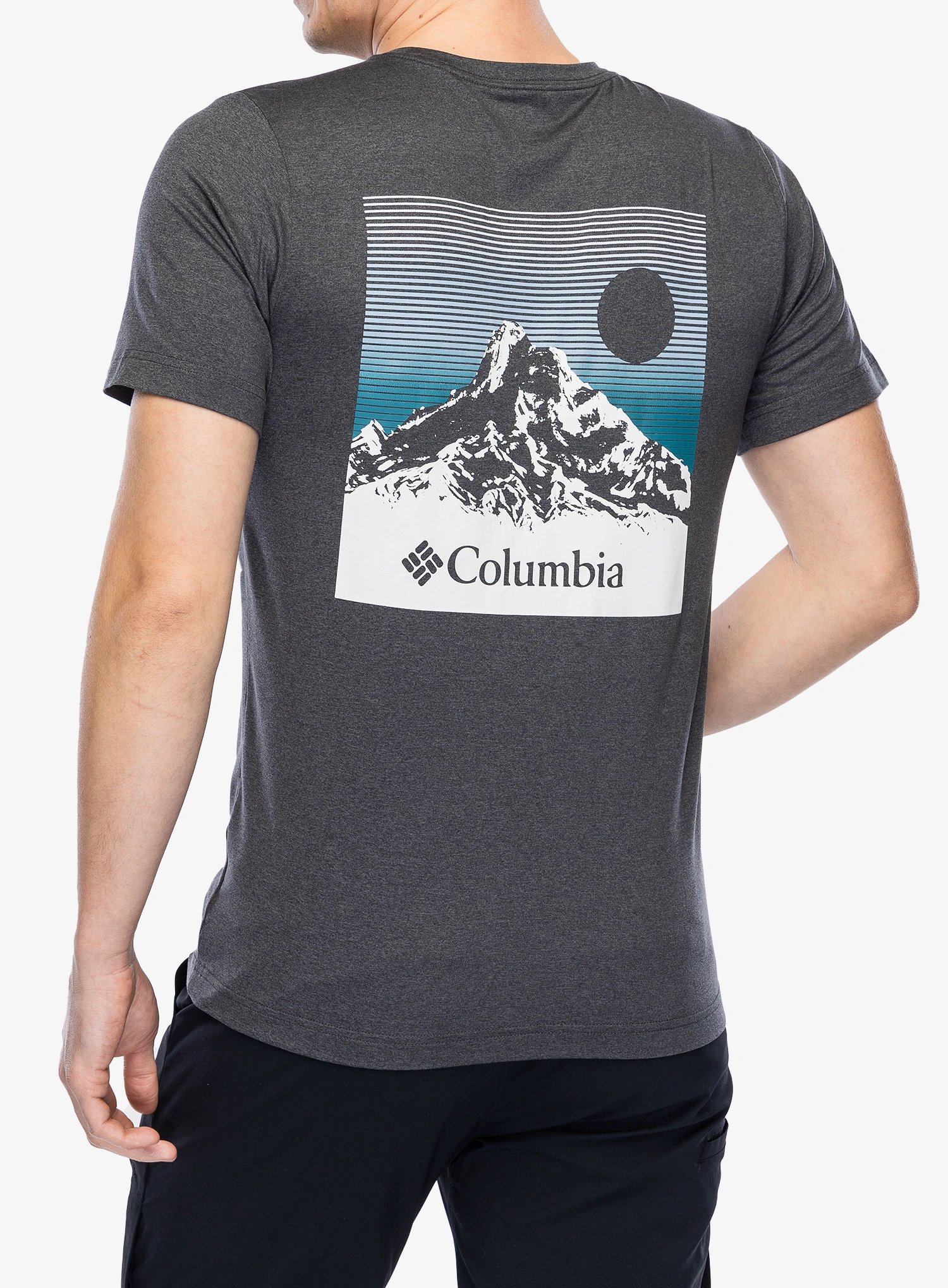 Tričko s potiskem Columbia Kwick Hike Back Graphic S/S Tee - blk heather/linear view multi