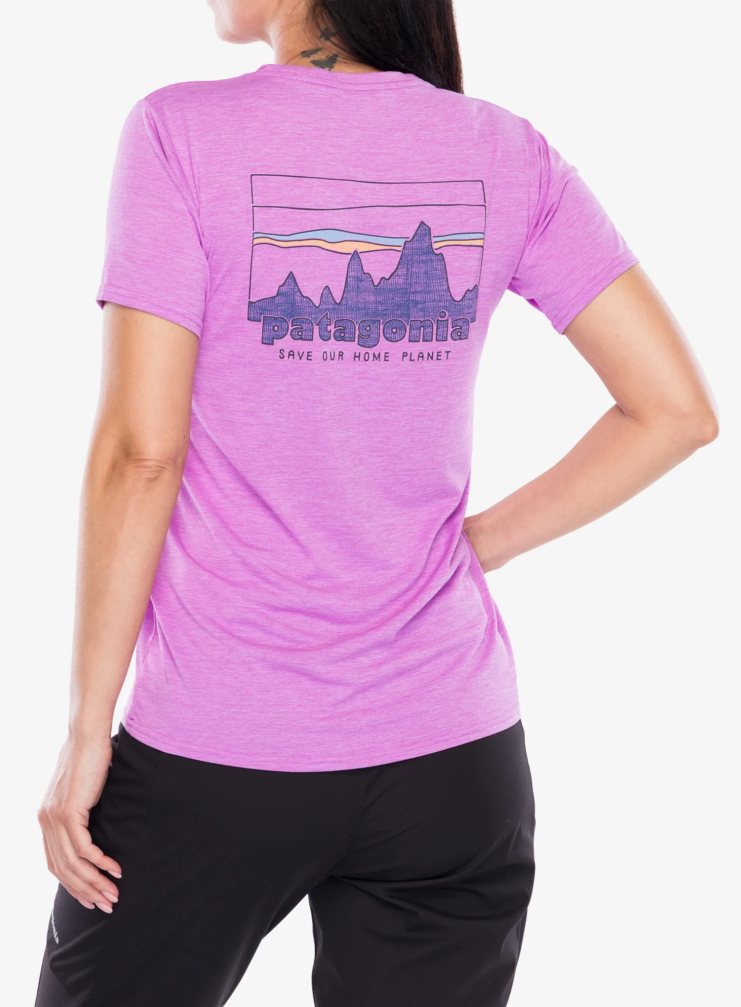 Dámské tričko s potiskem Patagonia Cap Cool Daily Graphic Shirt - 73 skyline/brisk purple x-dye