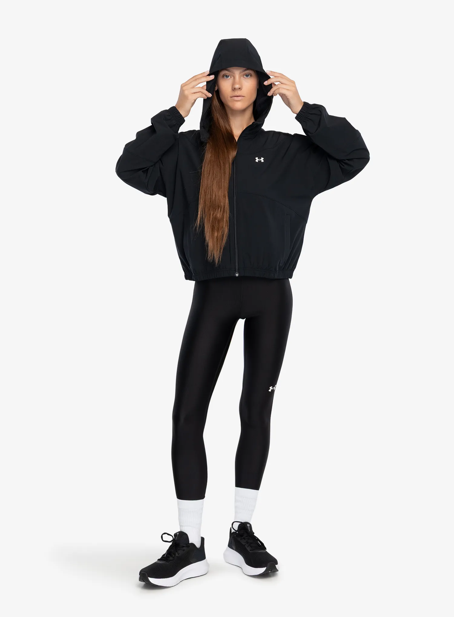 Dámská bunda Under Armour Rival Woven Jacket Hooded - black/black/white