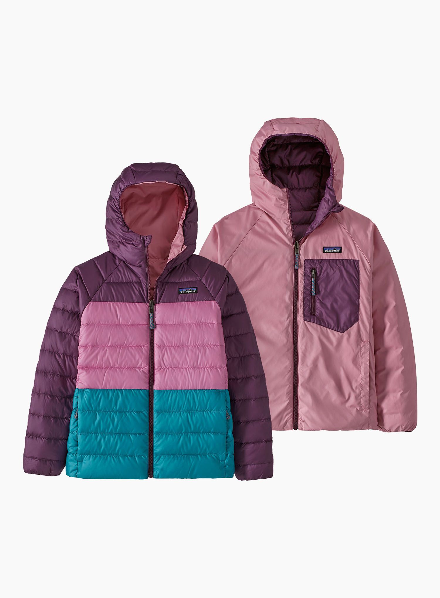 Dětská bunda Patagonia Reversible Down Sweater Hoody - planet pink