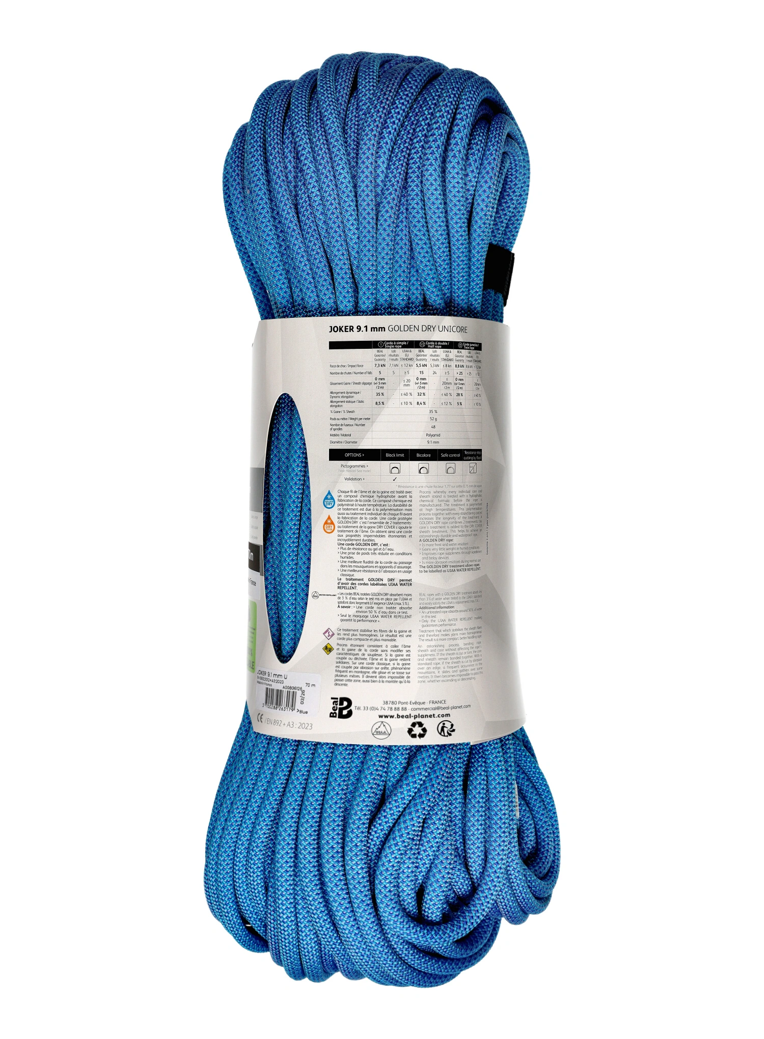Horolezecké lano Beal Joker Unicore 9,1 mm x 70 m Golden Dry - blue