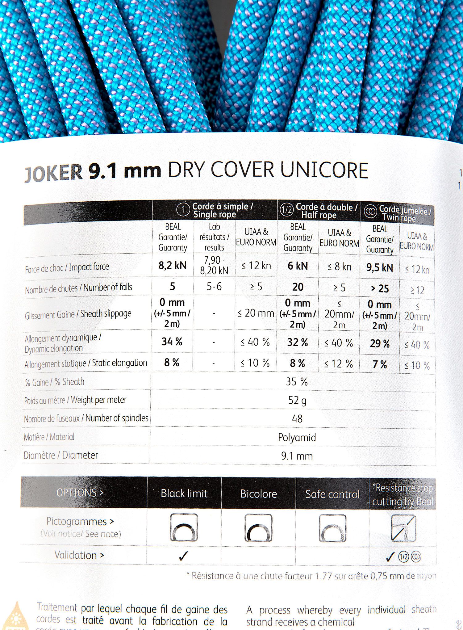 Lezecké lano Beal Joker 9,1 mm 50 m Unicore Dry Cover - blue