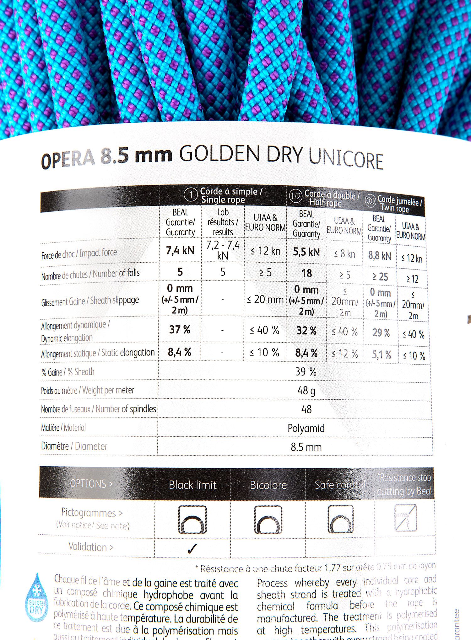 Lezecké lano Beal Opera 8,5 mm 50 m Unicore Golden Dry - blue