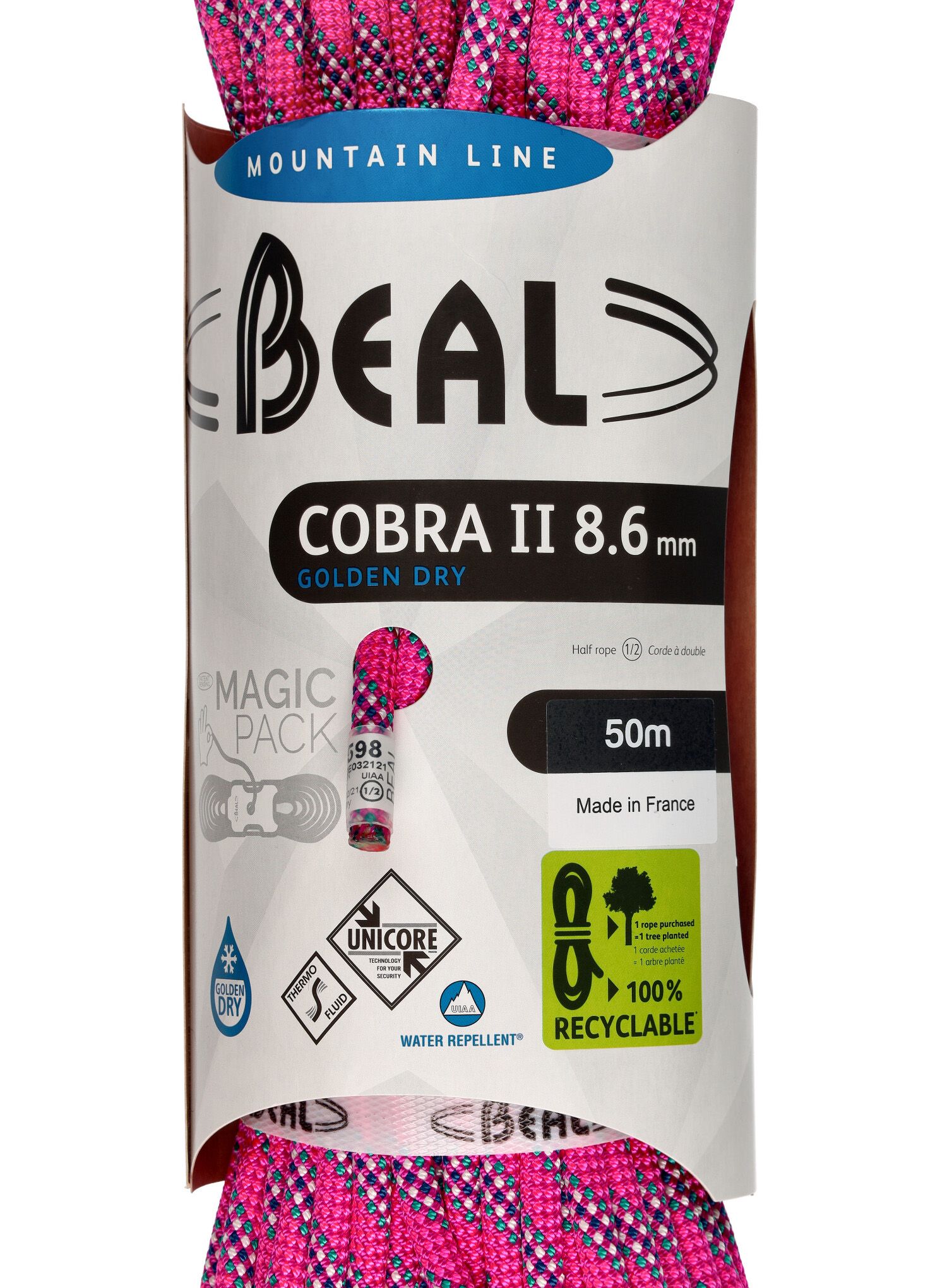 Dynamické lano Beal Cobra Unicore Golden Dry 8,6 mm 50 m - fuchsia