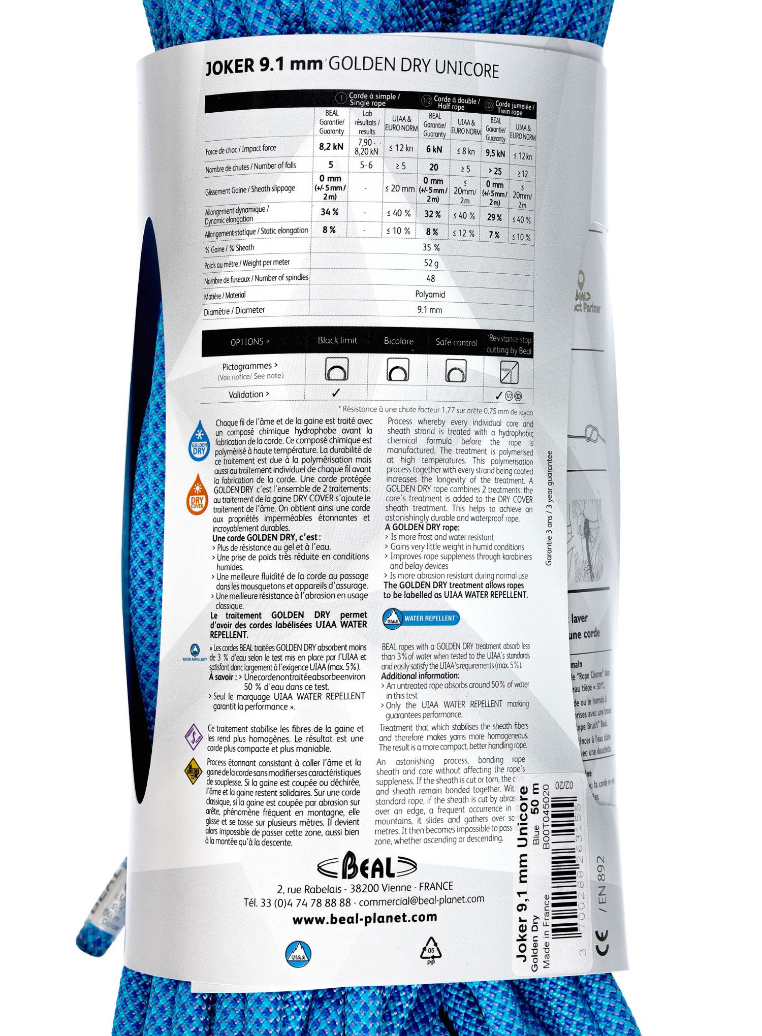 Lezecké lano Beal Joker 9,1 mm 50 m Unicore Golden Dry - blue