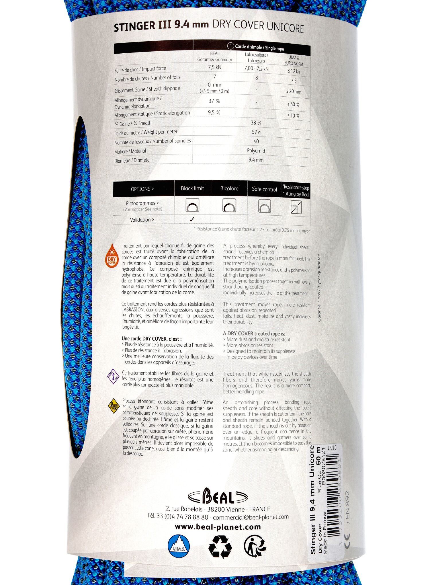 Lezecké lano Beal Stinger III 9,4 mm 50 m Unicore Dry Cover - blue