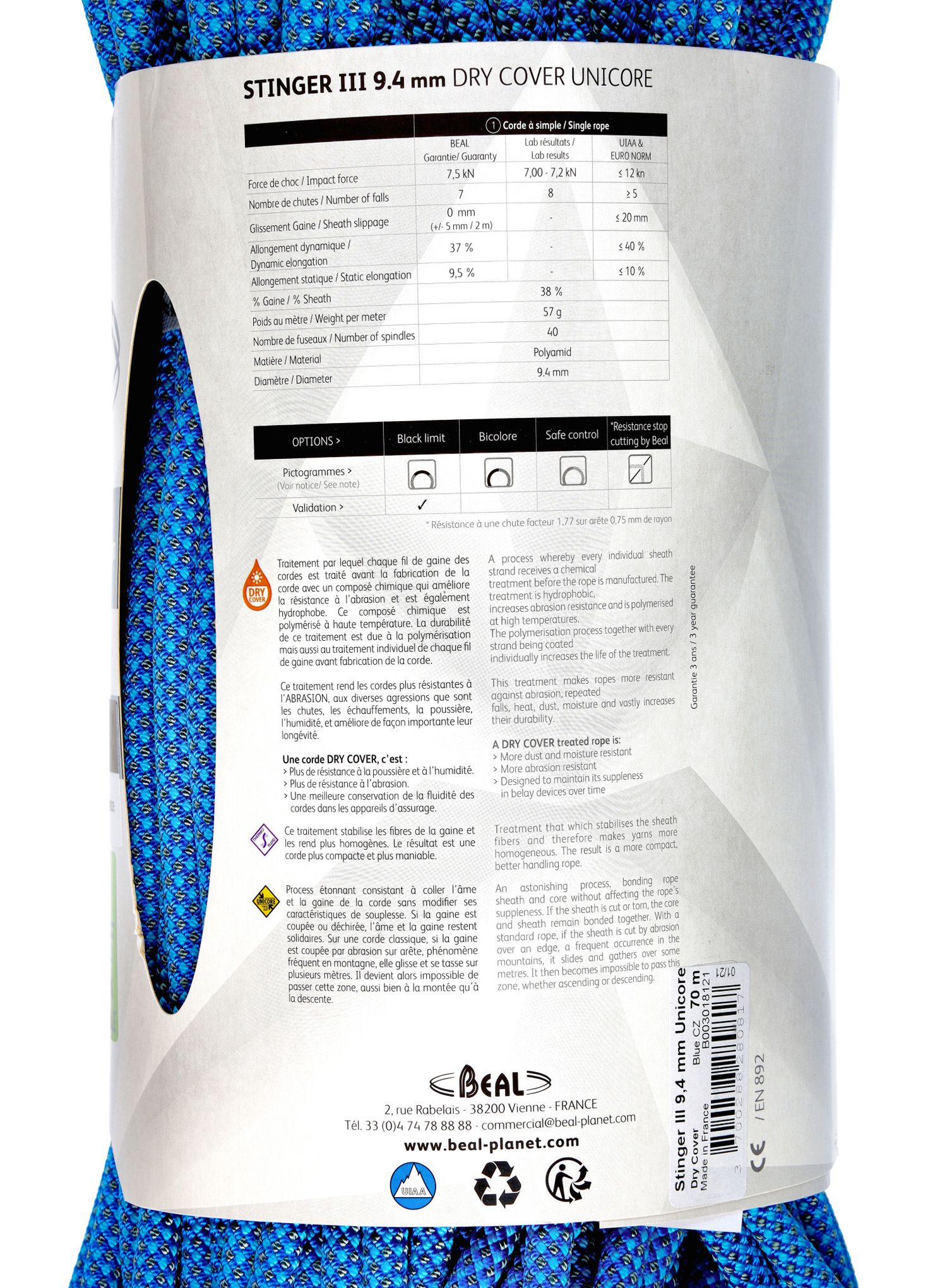 Dynamické lano Beal Stinger III 9,4 mm 70 m Unicore Dry Cover - blue