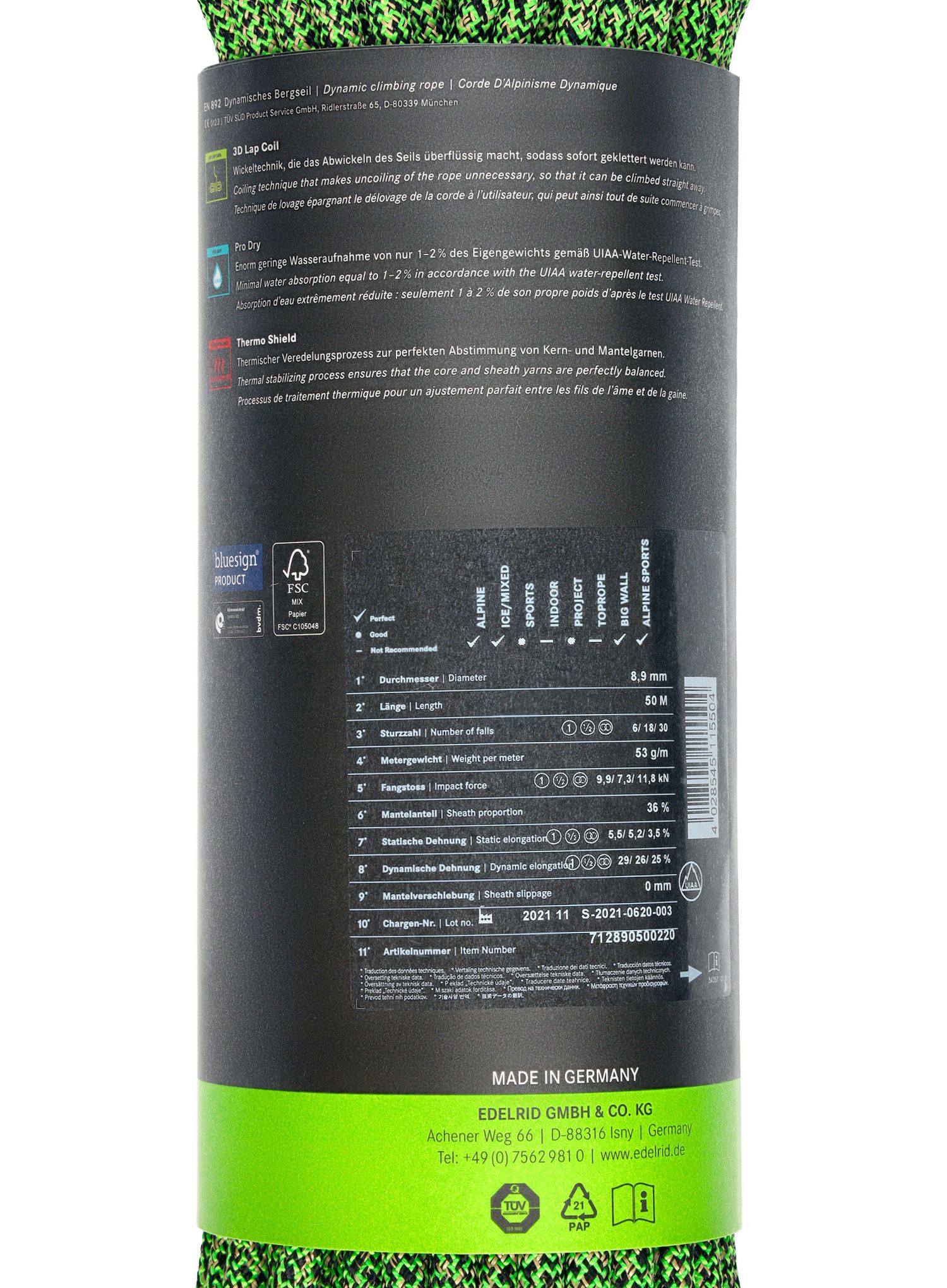 Dynamické lano Edelrid Swift Protect Pro Dry 8,9 mm 50 m - night green
