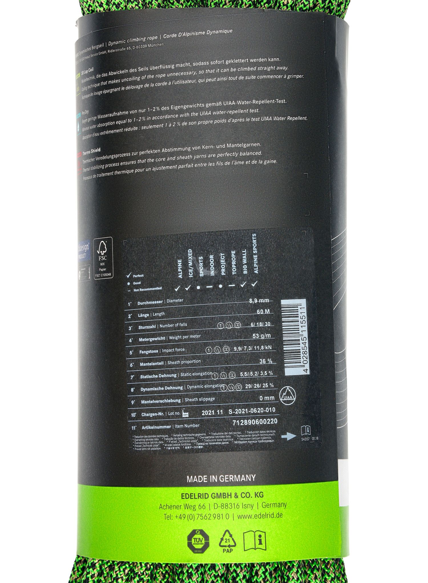 Dynamické lano Edelrid Swift Protect Pro Dry 8,9mm 60m - night green