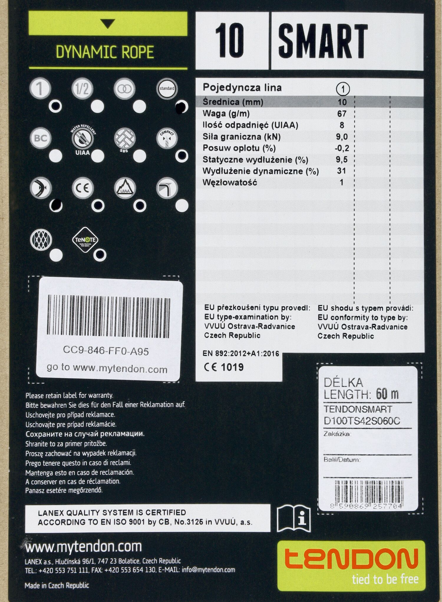 Dynamická lana Tendon Smart 10 mm 60m Standard - blue/yellow