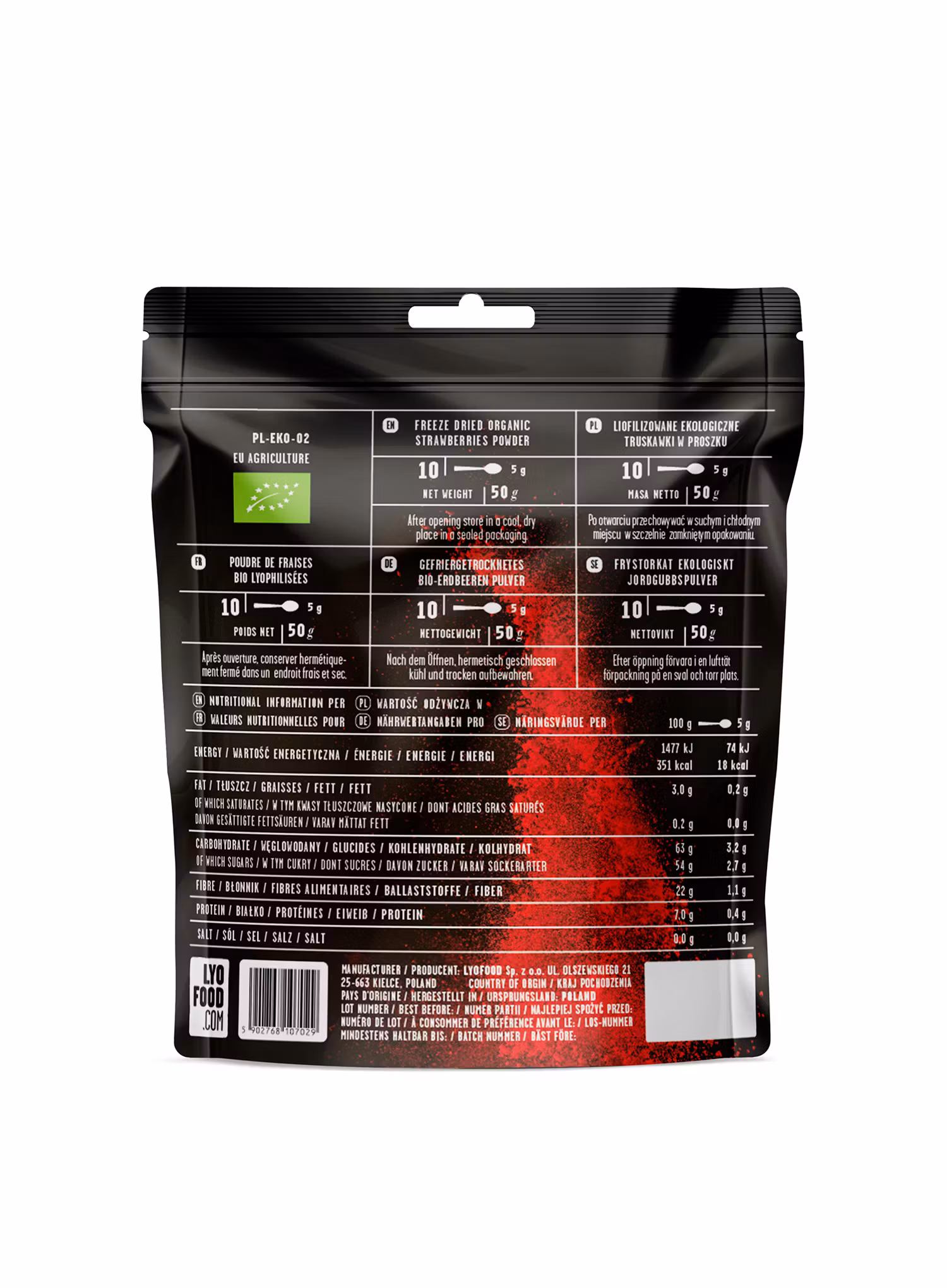 Lyofilizát LYOFOOD Organický jahodový prášek 50 g