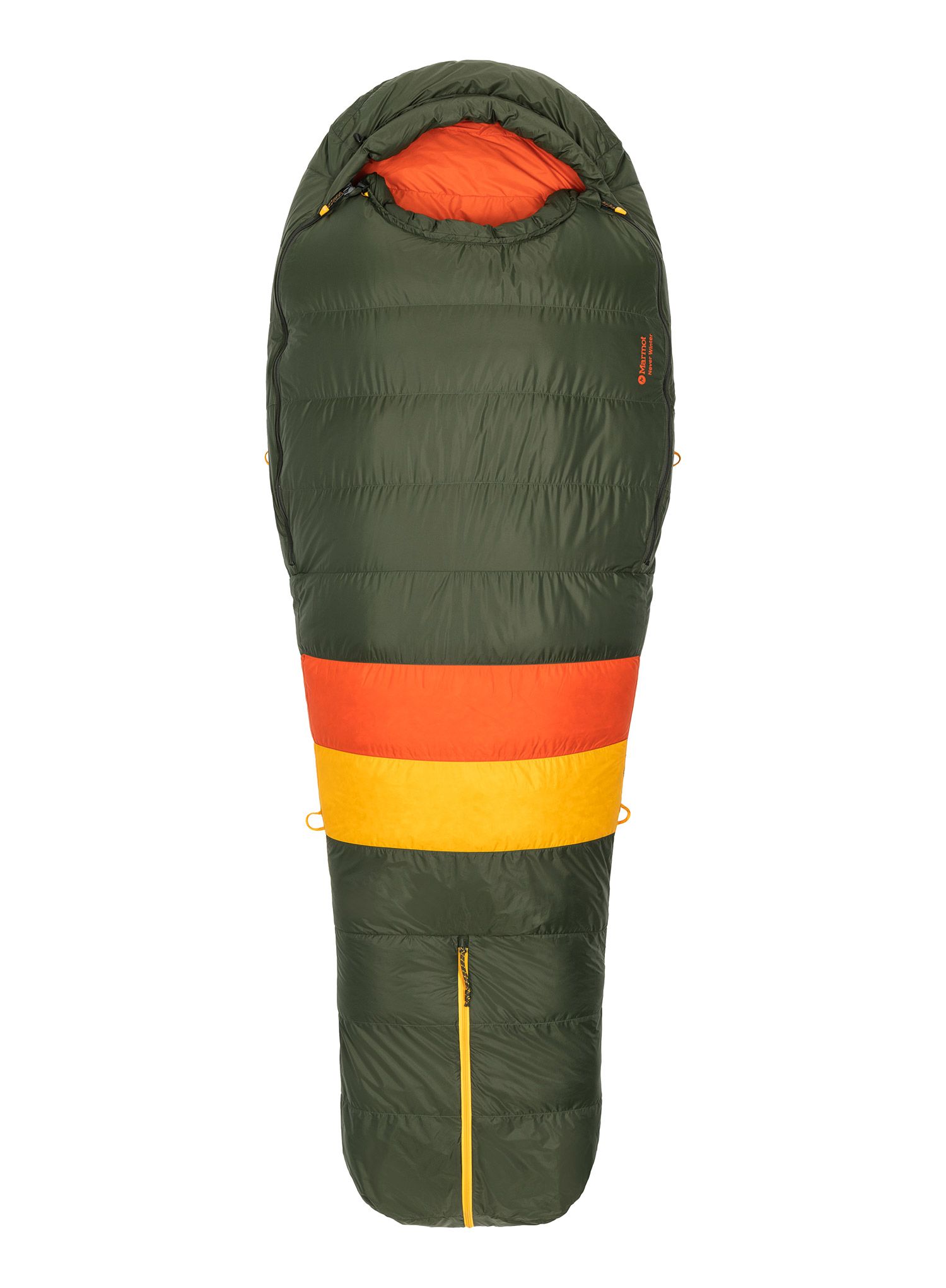 Péřový spacák Marmot Never Winter Long (198 cm) - nori/red sun